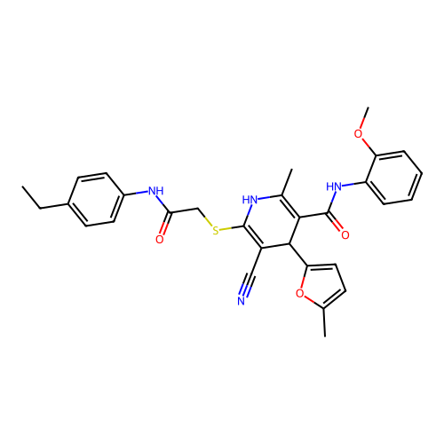 5-cyano-6-((2-((4-ethylphenyl)amino)-2-oxoethyl)thio)-N-(2-methoxyphenyl)-2-methyl-4-(5-methylfuran-2-yl)-1,4-dihydropyridine-3-carboxamide structure
