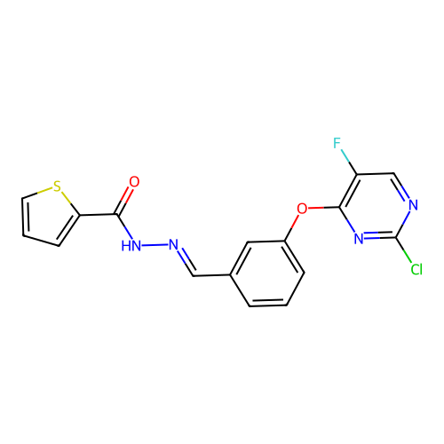 (E)-N'-(3-((2-chloro-5-fluoropyrimidin-4-yl)oxy)benzylidene)thiophene-2-carbohydrazide structure