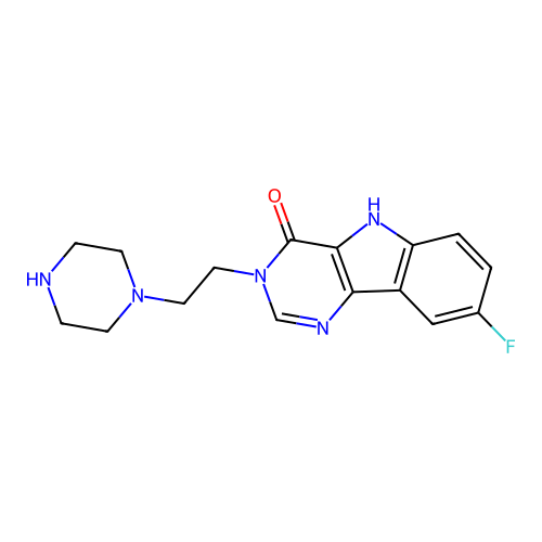 8-fluoro-3-(2-(piperazin-1-yl)ethyl)-3H-pyrimido[5,4-b]indol-4(5H)-one structure