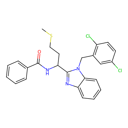 N-(1-(1-(2,5-dichlorobenzyl)-1H-benzo[d]imidazol-2-yl)-3-(methylthio)propyl)benzamide structure