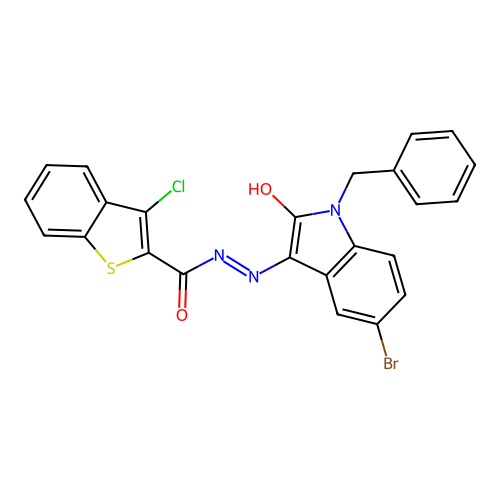 N'-[(3Z)-1-benzyl-5-bromo-2-oxo-1,2-dihydro-3H-indol-3-ylidene]-3-chloro-1-benzothiophene-2-carbohydrazide structure