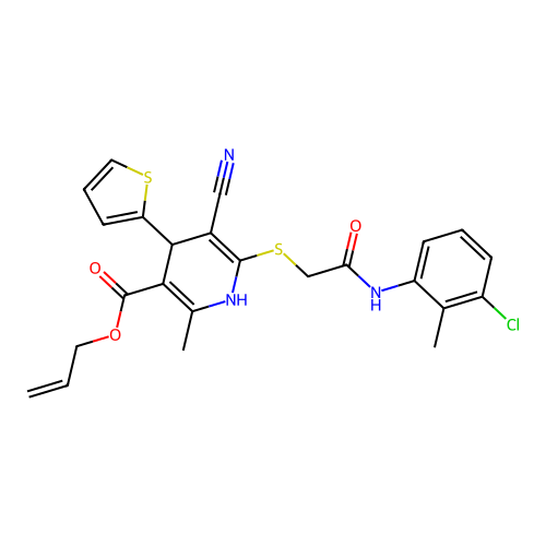 allyl 6-((2-((3-chloro-2-methylphenyl)amino)-2-oxoethyl)thio)-5-cyano-2-methyl-4-(thiophen-2-yl)-1,4-dihydropyridine-3-carboxylate structure