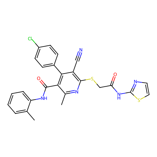 4-(4-chlorophenyl)-5-cyano-2-methyl-6-((2-oxo-2-(thiazol-2-ylamino)ethyl)thio)-N-(o-tolyl)nicotinamide structure