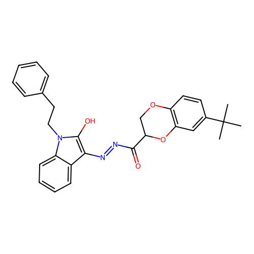 (E)-7-(tert-butyl)-N'-(2-oxo-1-phenethylindolin-3-ylidene)-2,3-dihydrobenzo[b][1,4]dioxine-2-carbohydrazide structure