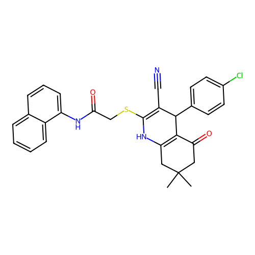 2-((4-(4-chlorophenyl)-3-cyano-7,7-dimethyl-5-oxo-1,4,5,6,7,8-hexahydroquinolin-2-yl)thio)-N-(naphthalen-1-yl)acetamide structure