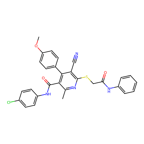 6-(2-anilino-2-oxoethyl)sulfanyl-N-(4-chlorophenyl)-5-cyano-4-(4-methoxyphenyl)-2-methylpyridine-3-carboxamide structure