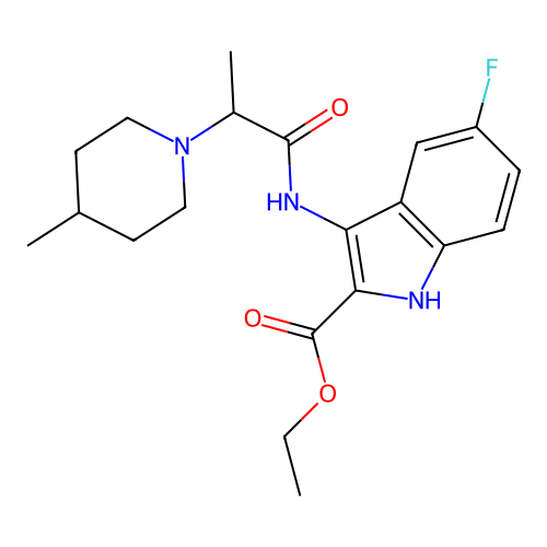 ethyl 5-fluoro-3-(2-(4-methylpiperidin-1-yl)propanamido)-1H-indole-2-carboxylate structure