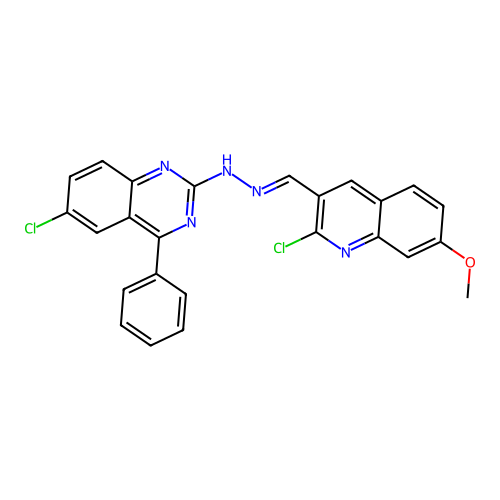 (2E)-6-chloro-2-{(2E)-[(2-chloro-7-methoxyquinolin-3-yl)methylidene]hydrazinylidene}-4-phenyl-2,3-dihydroquinazoline structure