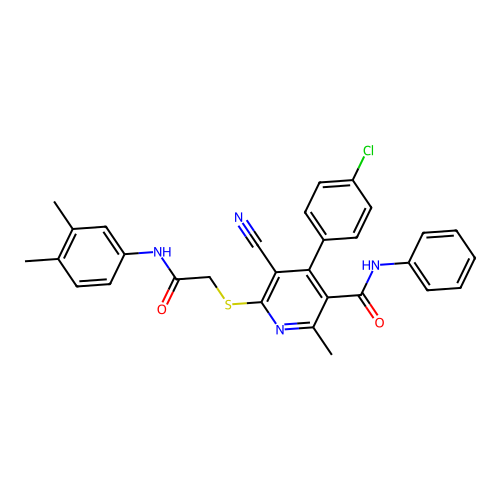 4-(4-chlorophenyl)-5-cyano-6-((2-((3,4-dimethylphenyl)amino)-2-oxoethyl)thio)-2-methyl-N-phenylnicotinamide structure
