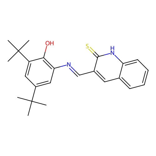 (E)-3-(((3,5-di-tert-butyl-2-hydroxyphenyl)imino)methyl)quinoline-2(1H)-thione structure