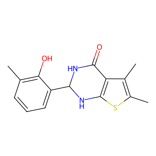 2-(2-hydroxy-3-methylphenyl)-5,6-dimethyl-2,3-dihydrothieno[2,3-d]pyrimidin-4(1H)-one structure
