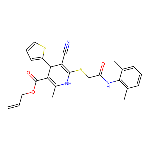 allyl 5-cyano-6-((2-((2,6-dimethylphenyl)amino)-2-oxoethyl)thio)-2-methyl-4-(thiophen-2-yl)-1,4-dihydropyridine-3-carboxylate structure