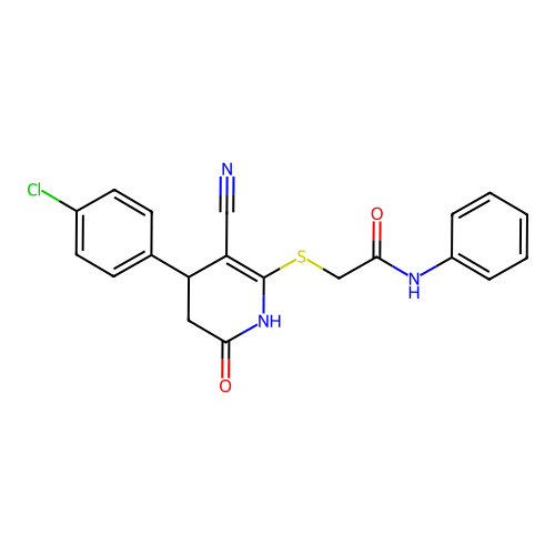 2-{[4-(4-chlorophenyl)-3-cyano-6-oxo-1,4,5,6-tetrahydropyridin-2-yl]sulfanyl}-N-phenylacetamide structure