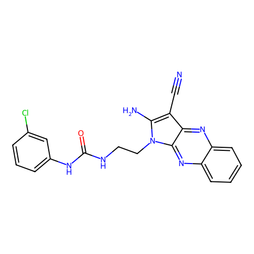 1-(2-(2-amino-3-cyano-1H-pyrrolo[2,3-b]quinoxalin-1-yl)ethyl)-3-(3-chlorophenyl)urea structure
