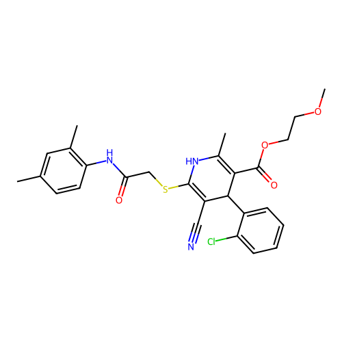 2-methoxyethyl 4-(2-chlorophenyl)-5-cyano-6-((2-((2,4-dimethylphenyl)amino)-2-oxoethyl)thio)-2-methyl-1,4-dihydropyridine-3-carboxylate structure