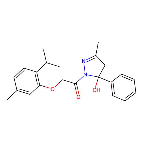 1-(5-hydroxy-3-methyl-5-phenyl-4H-pyrazol-1-yl)-2-(5-methyl-2-propan-2-ylphenoxy)ethanone structure