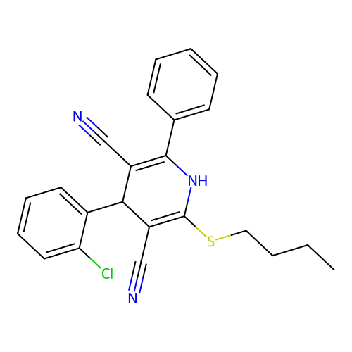 2-butylsulfanyl-4-(2-chlorophenyl)-6-phenyl-1,4-dihydropyridine-3,5-dicarbonitrile structure