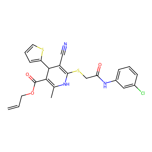 allyl 6-((2-((3-chlorophenyl)amino)-2-oxoethyl)thio)-5-cyano-2-methyl-4-(thiophen-2-yl)-1,4-dihydropyridine-3-carboxylate structure