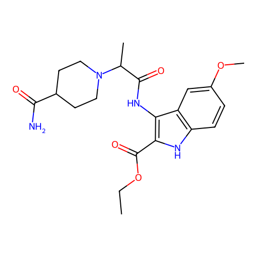 ethyl 3-(2-(4-carbamoylpiperidin-1-yl)propanamido)-5-methoxy-1H-indole-2-carboxylate structure