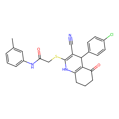 2-((4-(4-chlorophenyl)-3-cyano-5-oxo-1,4,5,6,7,8-hexahydroquinolin-2-yl)thio)-N-(m-tolyl)acetamide structure