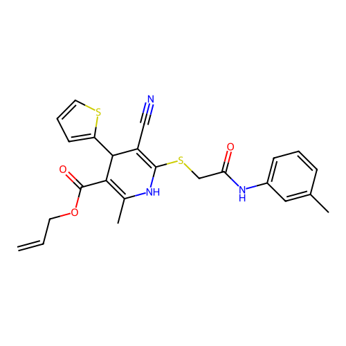 allyl 5-cyano-2-methyl-6-((2-oxo-2-(m-tolylamino)ethyl)thio)-4-(thiophen-2-yl)-1,4-dihydropyridine-3-carboxylate structure