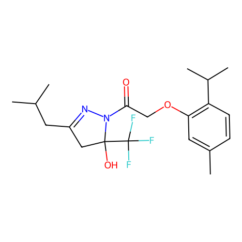 1-[5-hydroxy-3-(2-methylpropyl)-5-(trifluoromethyl)-4,5-dihydro-1H-pyrazol-1-yl]-2-[5-methyl-2-(propan-2-yl)phenoxy]ethanone structure