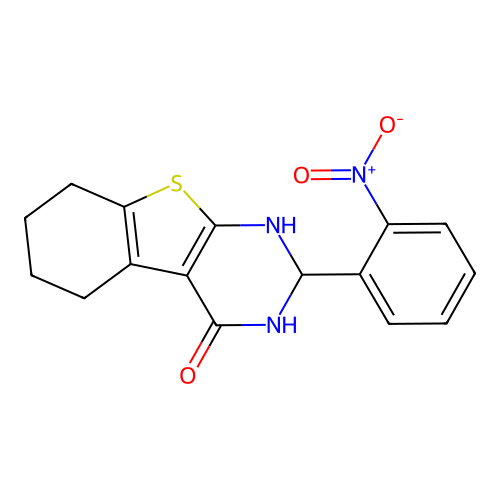 2-(2-nitrophenyl)-2,3,5,6,7,8-hexahydro[1]benzothieno[2,3-d]pyrimidin-4(1H)-one structure