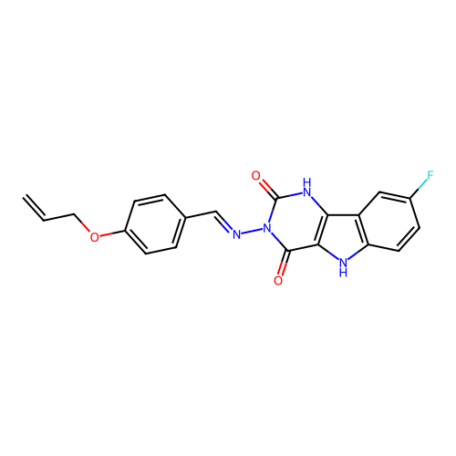 (E)-3-((4-(allyloxy)benzylidene)amino)-8-fluoro-1H-pyrimido[5,4-b]indole-2,4(3H,5H)-dione structure