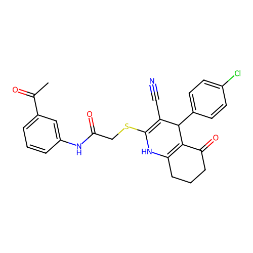 N-(3-acetylphenyl)-2-((4-(4-chlorophenyl)-3-cyano-5-oxo-1,4,5,6,7,8-hexahydroquinolin-2-yl)thio)acetamide structure