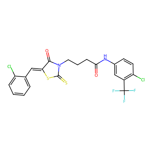 (Z)-N-(4-chloro-3-(trifluoromethyl)phenyl)-4-(5-(2-chlorobenzylidene)-4-oxo-2-thioxothiazolidin-3-yl)butanamide structure