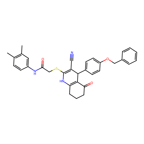 2-({4-[4-(benzyloxy)phenyl]-3-cyano-5-oxo-1,4,5,6,7,8-hexahydroquinolin-2-yl}sulfanyl)-N-(3,4-dimethylphenyl)acetamide structure
