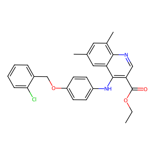 ethyl 4-((4-((2-chlorobenzyl)oxy)phenyl)amino)-6,8-dimethylquinoline-3-carboxylate structure