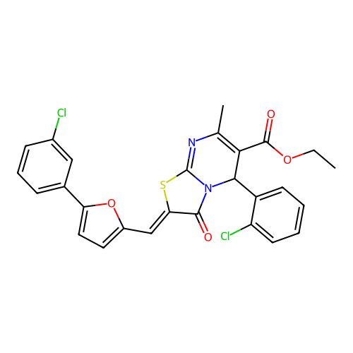 (Z)-ethyl 5-(2-chlorophenyl)-2-((5-(3-chlorophenyl)furan-2-yl)methylene)-7-methyl-3-oxo-3,5-dihydro-2H-thiazolo[3,2-a]pyrimidine-6-carboxylate structure
