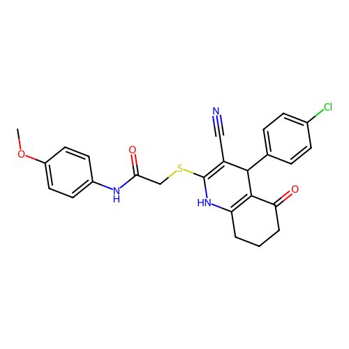 2-((4-(4-chlorophenyl)-3-cyano-5-oxo-1,4,5,6,7,8-hexahydroquinolin-2-yl)thio)-N-(4-methoxyphenyl)acetamide structure