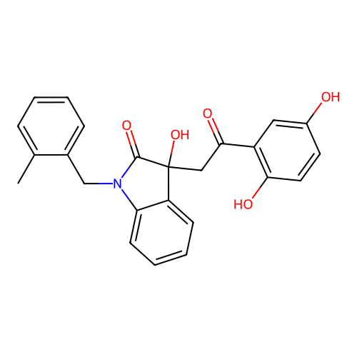 3-[2-(2,5-dihydroxyphenyl)-2-oxoethyl]-3-hydroxy-1-[(2-methylphenyl)methyl]indol-2-one structure