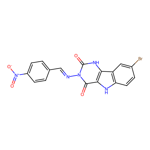 (E)-8-bromo-3-((4-nitrobenzylidene)amino)-1H-pyrimido[5,4-b]indole-2,4(3H,5H)-dione structure
