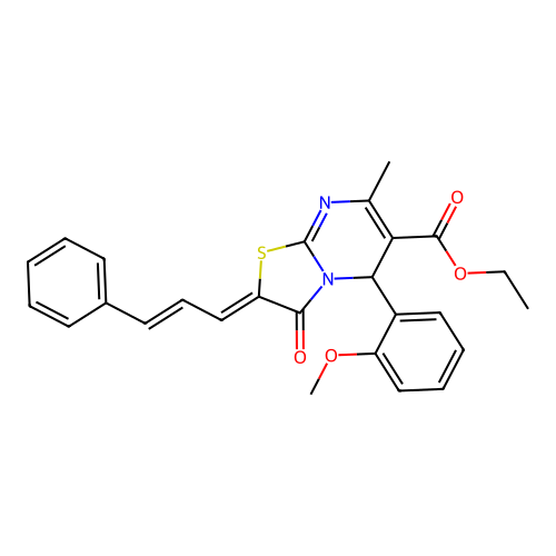 (Z)-ethyl 5-(2-methoxyphenyl)-7-methyl-3-oxo-2-((E)-3-phenylallylidene)-3,5-dihydro-2H-thiazolo[3,2-a]pyrimidine-6-carboxylate structure