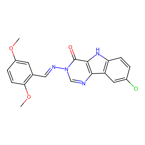 (E)-8-chloro-3-((2,5-dimethoxybenzylidene)amino)-3H-pyrimido[5,4-b]indol-4(5H)-one structure
