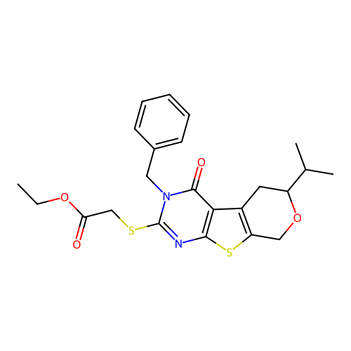 ethyl {[3-benzyl-4-oxo-6-(propan-2-yl)-3,5,6,8-tetrahydro-4H-pyrano[4',3':4,5]thieno[2,3-d]pyrimidin-2-yl]sulfanyl}acetate structure