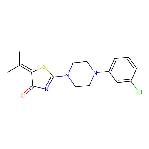 2-[4-(3-chlorophenyl)-1-piperazinyl]-5-(1-methylethylidene)-1,3-thiazol-4(5H)-one structure