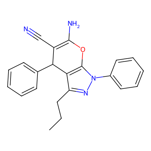 6-Amino-1,4-diphenyl-3-propyl-1,4-dihydropyrano[2,3-c]pyrazole-5-carbonitrile structure