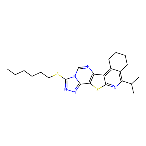 3-(hexylsulfanyl)-11-(propan-2-yl)-7,8,9,10-tetrahydro[1,2,4]triazolo[4'',3'':1',6']pyrimido[4',5':4,5]thieno[2,3-c]isoquinoline structure