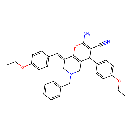(E)-2-amino-6-benzyl-8-(4-ethoxybenzylidene)-4-(4-ethoxyphenyl)-5,6,7,8-tetrahydro-4H-pyrano[3,2-c]pyridine-3-carbonitrile structure