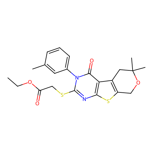 ethyl {[6,6-dimethyl-3-(3-methylphenyl)-4-oxo-3,5,6,8-tetrahydro-4H-pyrano[4',3':4,5]thieno[2,3-d]pyrimidin-2-yl]sulfanyl}acetate structure