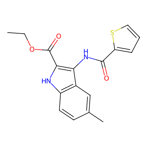 ethyl 5-methyl-3-[(thiophen-2-ylcarbonyl)amino]-1H-indole-2-carboxylate structure