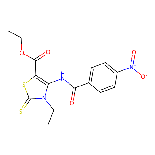 ethyl 3-ethyl-4-(4-nitrobenzamido)-2-thioxo-2,3-dihydrothiazole-5-carboxylate structure