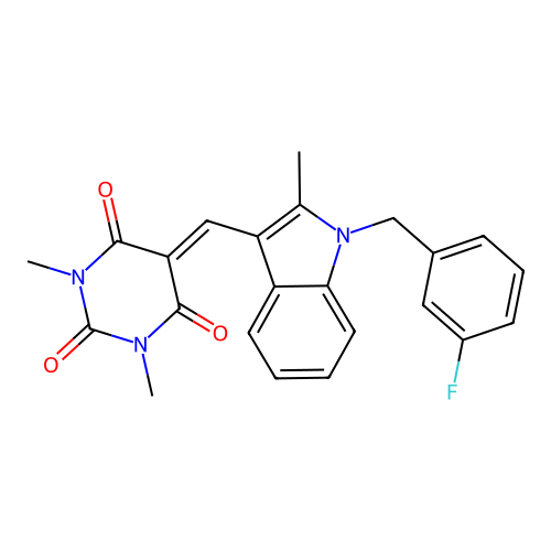 5-((1-(3-fluorobenzyl)-2-methyl-1H-indol-3-yl)methylene)-1,3-dimethylpyrimidine-2,4,6(1H,3H,5H)-trione structure
