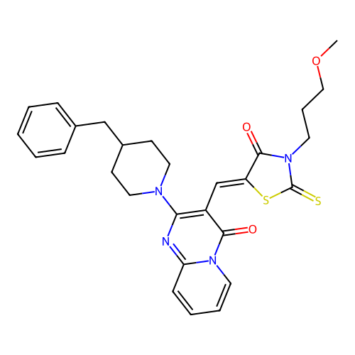 2-(4-benzylpiperidin-1-yl)-3-{(Z)-[3-(3-methoxypropyl)-4-oxo-2-thioxo-1,3-thiazolidin-5-ylidene]methyl}-4H-pyrido[1,2-a]pyrimidin-4-one structure