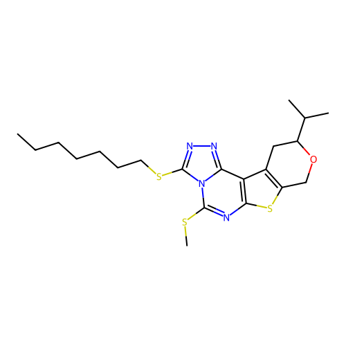 3-(heptylsulfanyl)-5-(methylsulfanyl)-10-(propan-2-yl)-10,11-dihydro-8H-pyrano[4',3':4,5]thieno[3,2-e][1,2,4]triazolo[4,3-c]pyrimidine structure