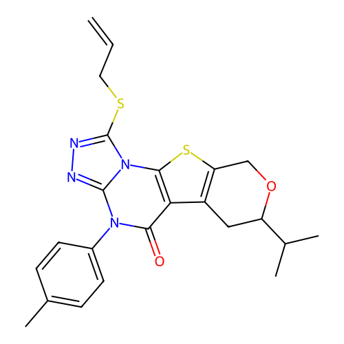 1-(allylthio)-7-isopropyl-4-(p-tolyl)-6,7-dihydro-4H-pyrano[4',3':4,5]thieno[3,2-e][1,2,4]triazolo[4,3-a]pyrimidin-5(9H)-one structure